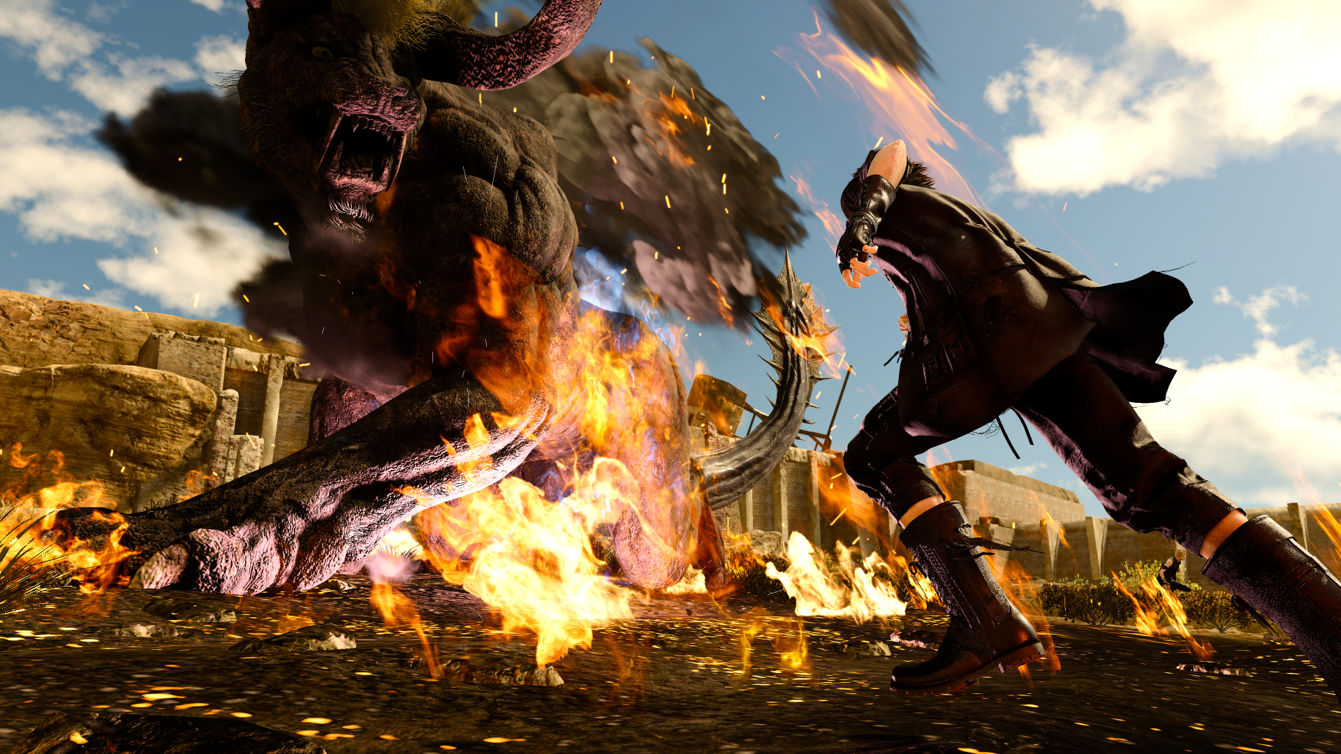 Noctus attacking a giant horned beast on fire.