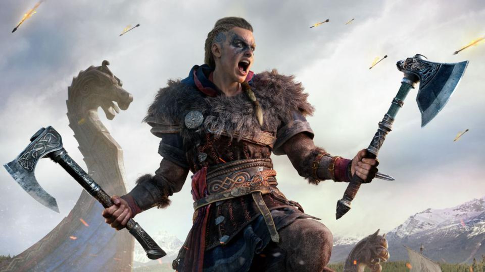 The protagonist of Assassin's Creed: Valhalla shouting in battle and wielding two axes.