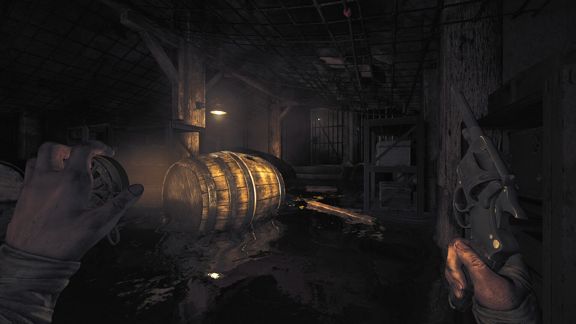 A character shines a flashlight at a barrel in Amnesia: The Bunker.