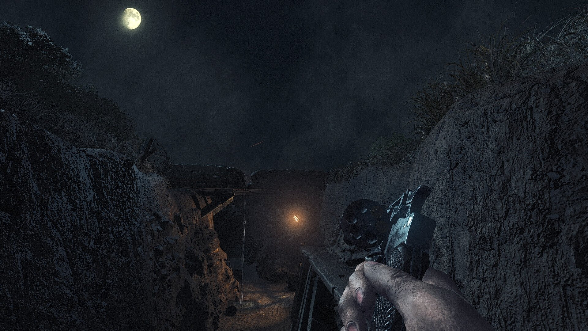 A character walks through trenches in Amnesia: The Bunker.