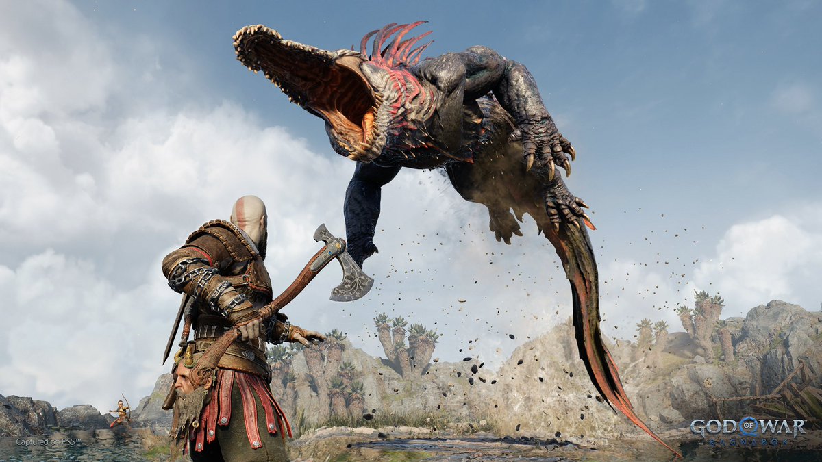 A giant lizard monster jumps on Kratos in God of War Ragnarok.