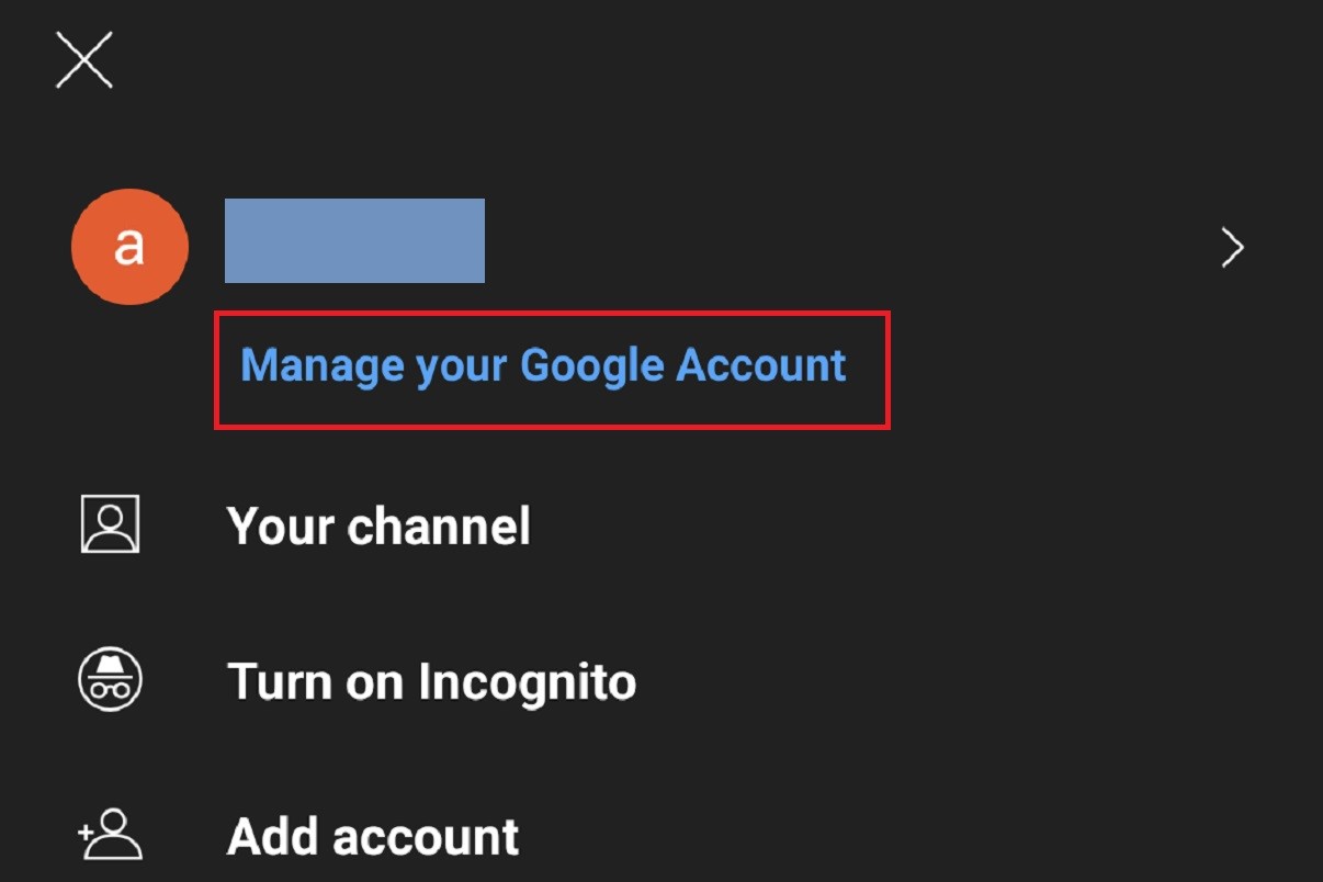 Selecting Manage your Google account on YouTube for Android.