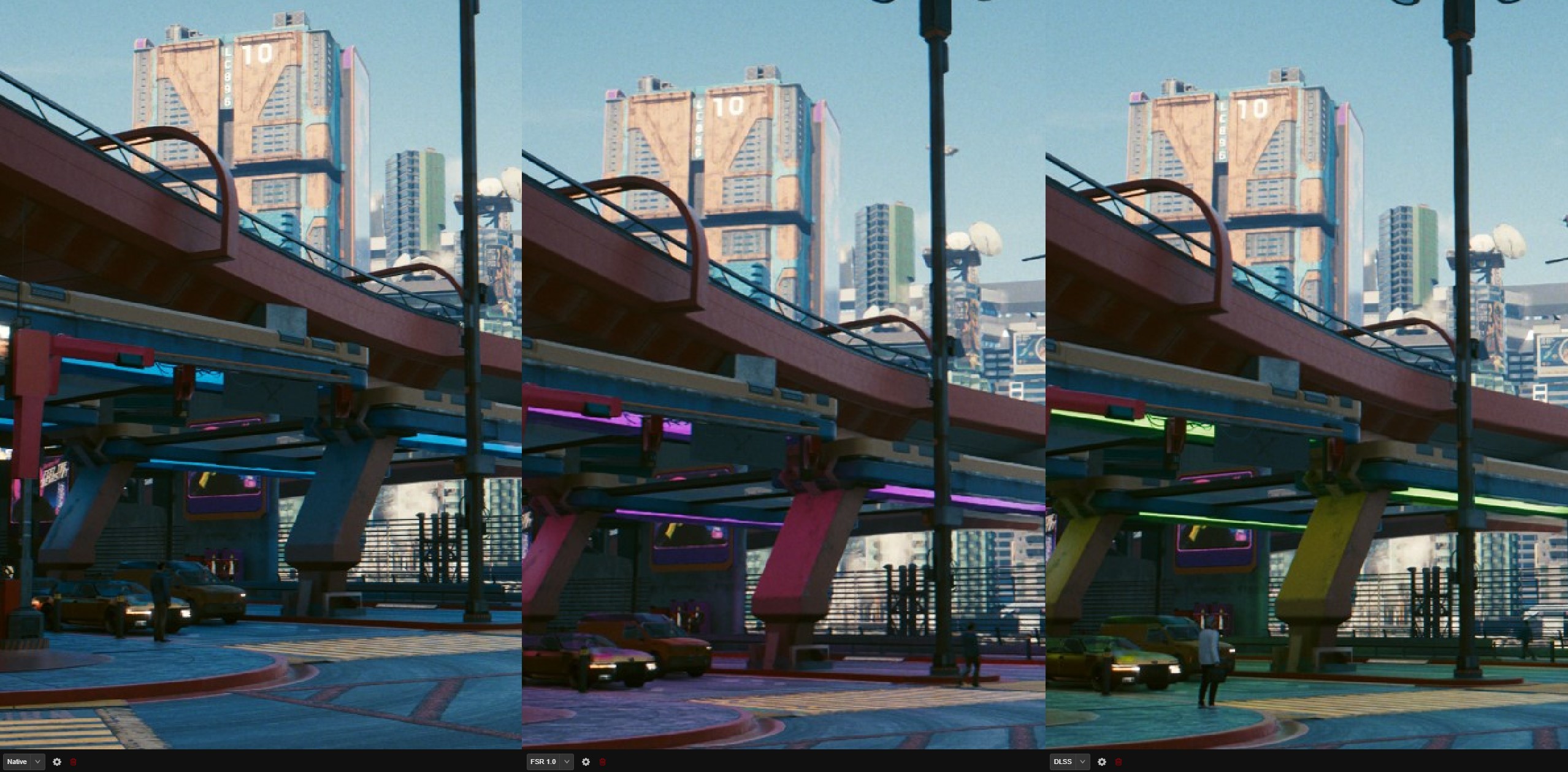 An image quality comparison between FSR and DLSS in Cyberpunk 2077