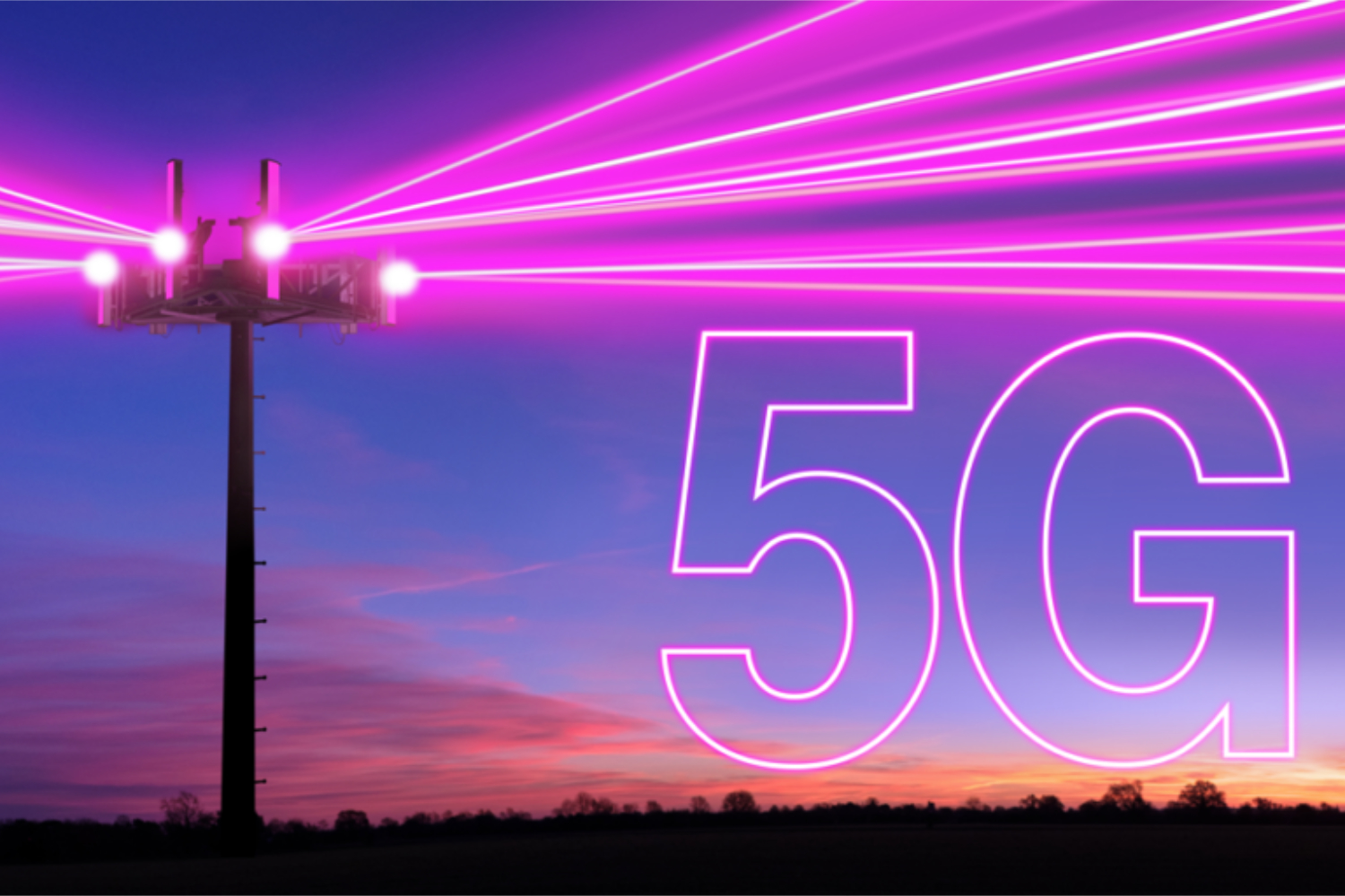 Cell phone tower shooting off pink beams with a 5G logo next to it.