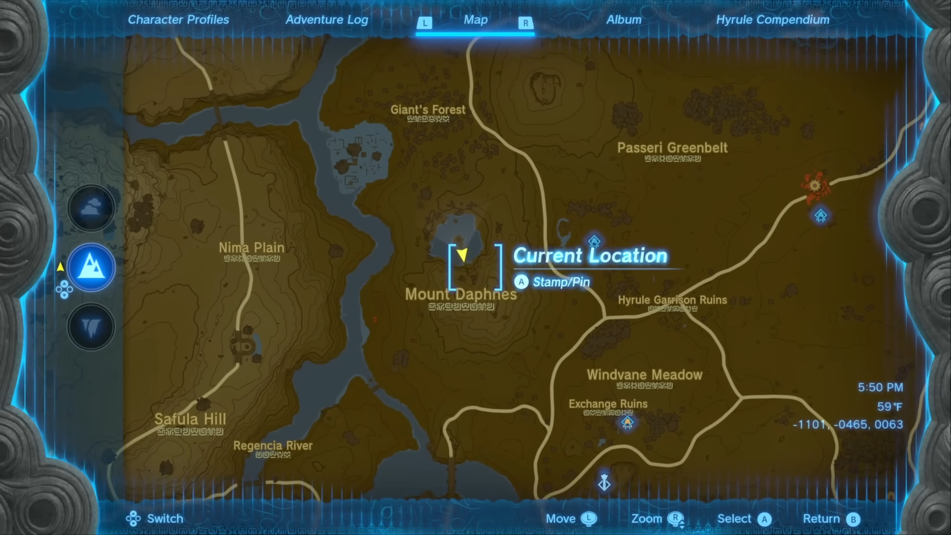 A map of Hyrule that shows the location of the Fierce Deity armor.