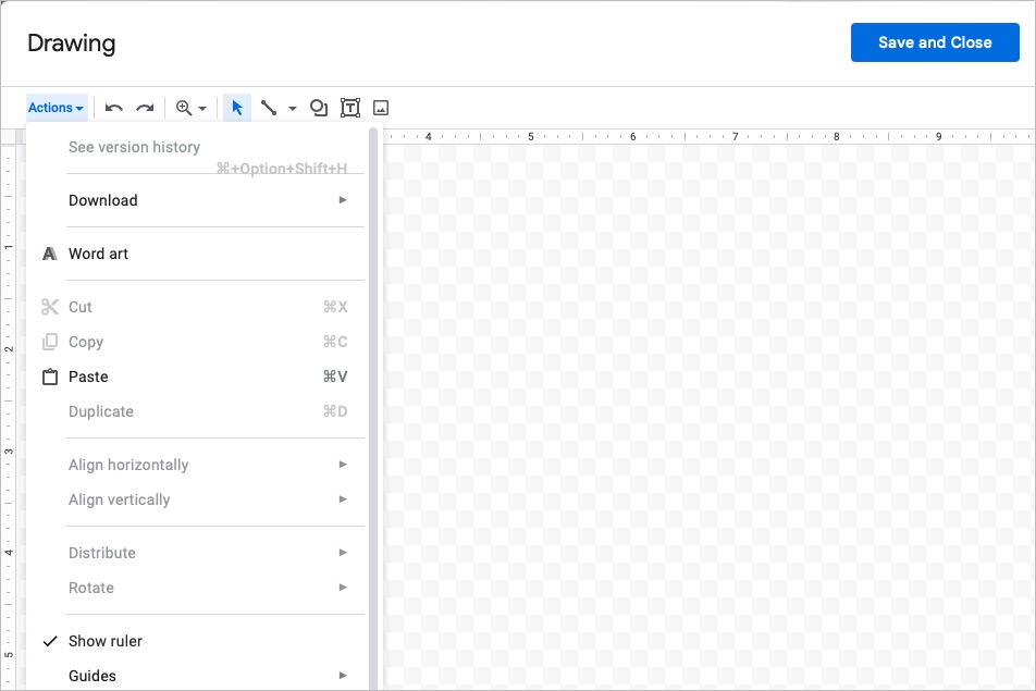 Google Docs drawing tool window with Actions.