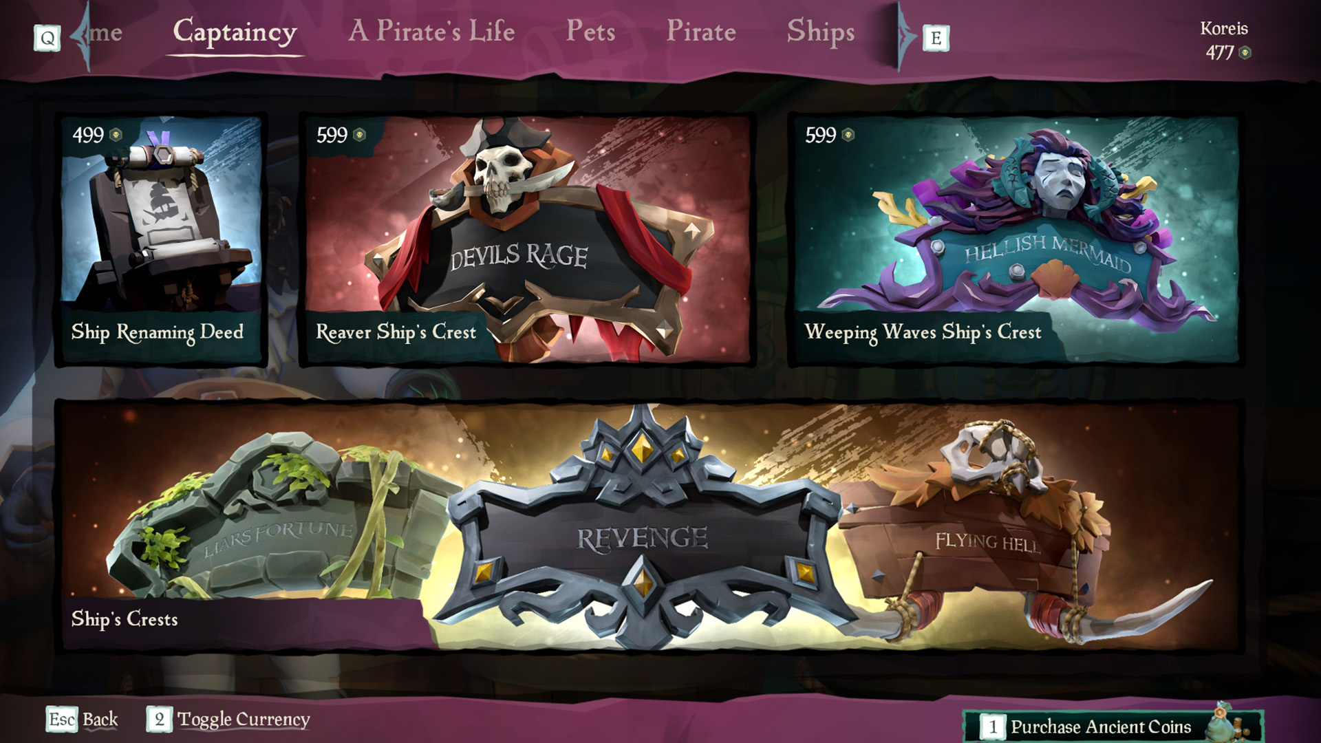The purple framed text menu for the emporium advertises ship cosmetics in Sea of Thieves