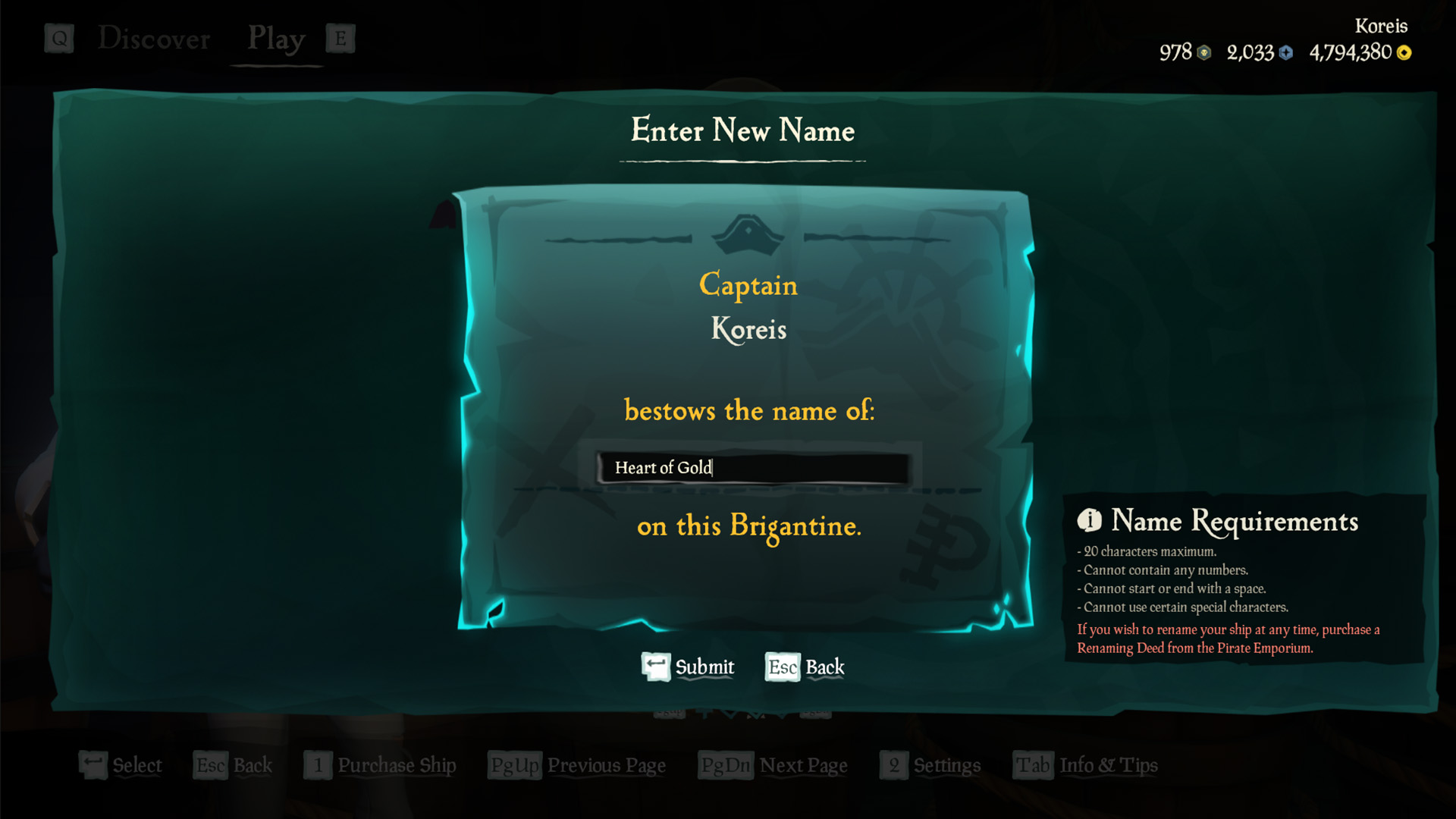 White text with the name Erasmis is being entered into the ship naming tool in Sea of Thieves