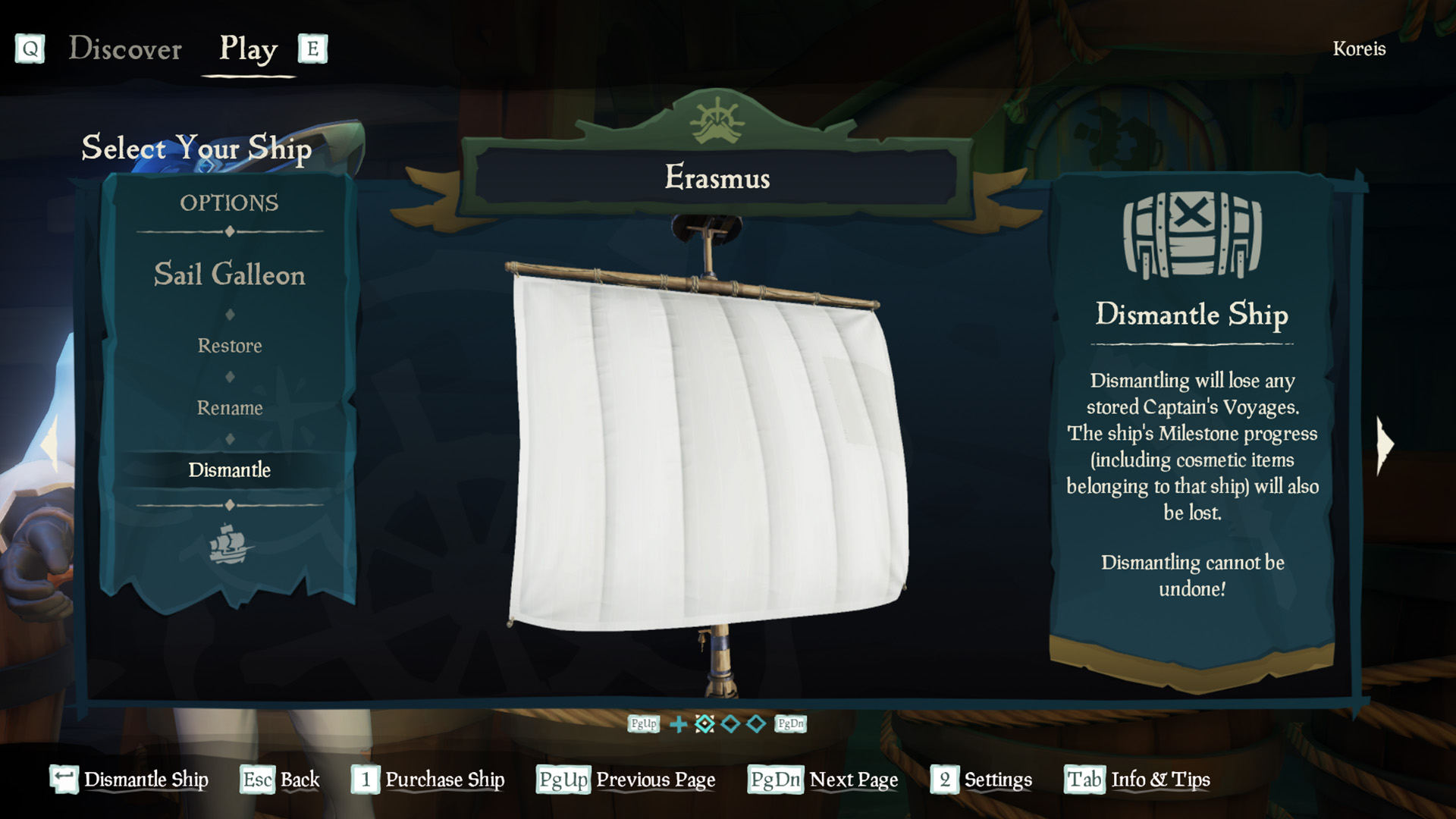 A familiar white sail, with the option selected to dismantle a boat in Sea of Thieves