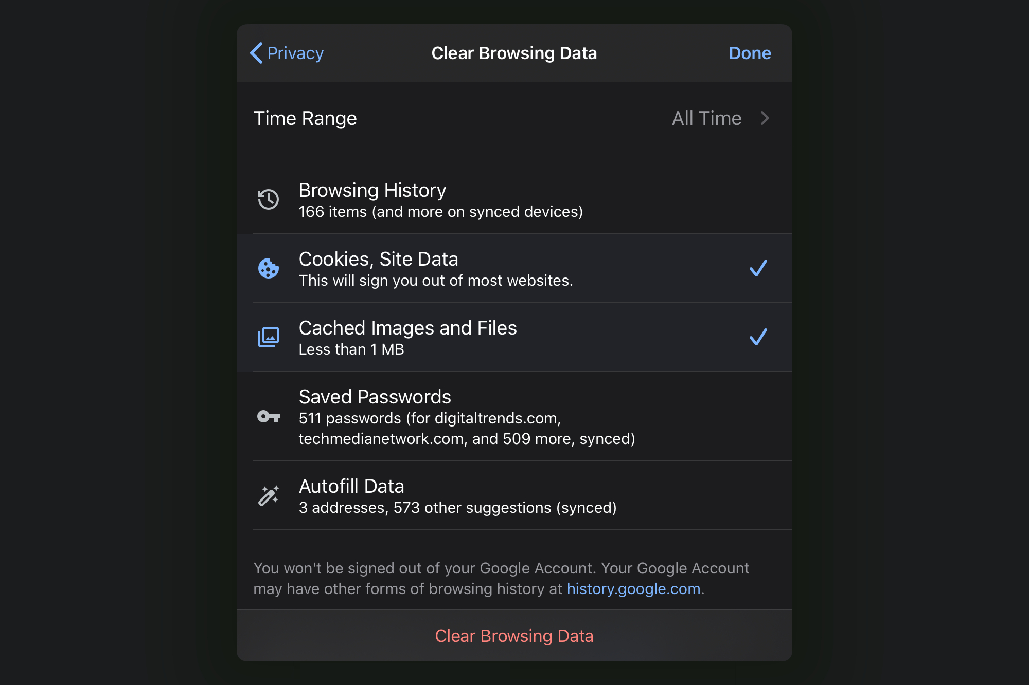 Chrome iPad Clear Browsing Data
