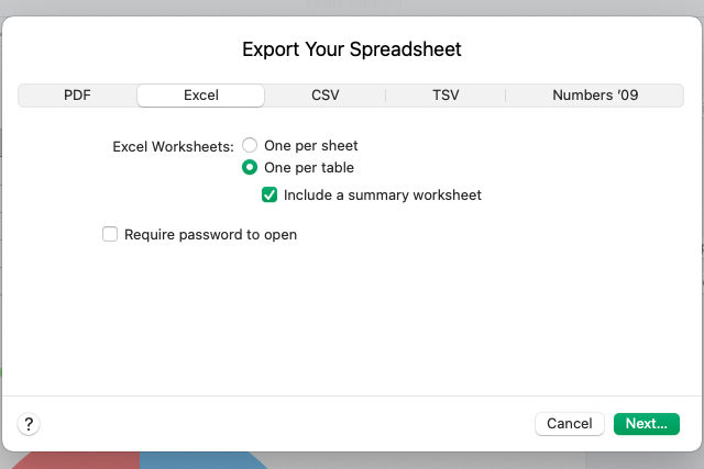 Export selections from Numbers to Excel.