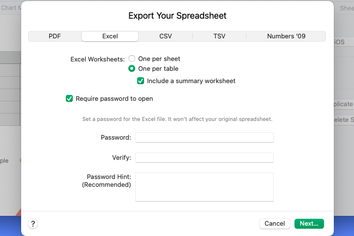 Password option for exporting to Excel.