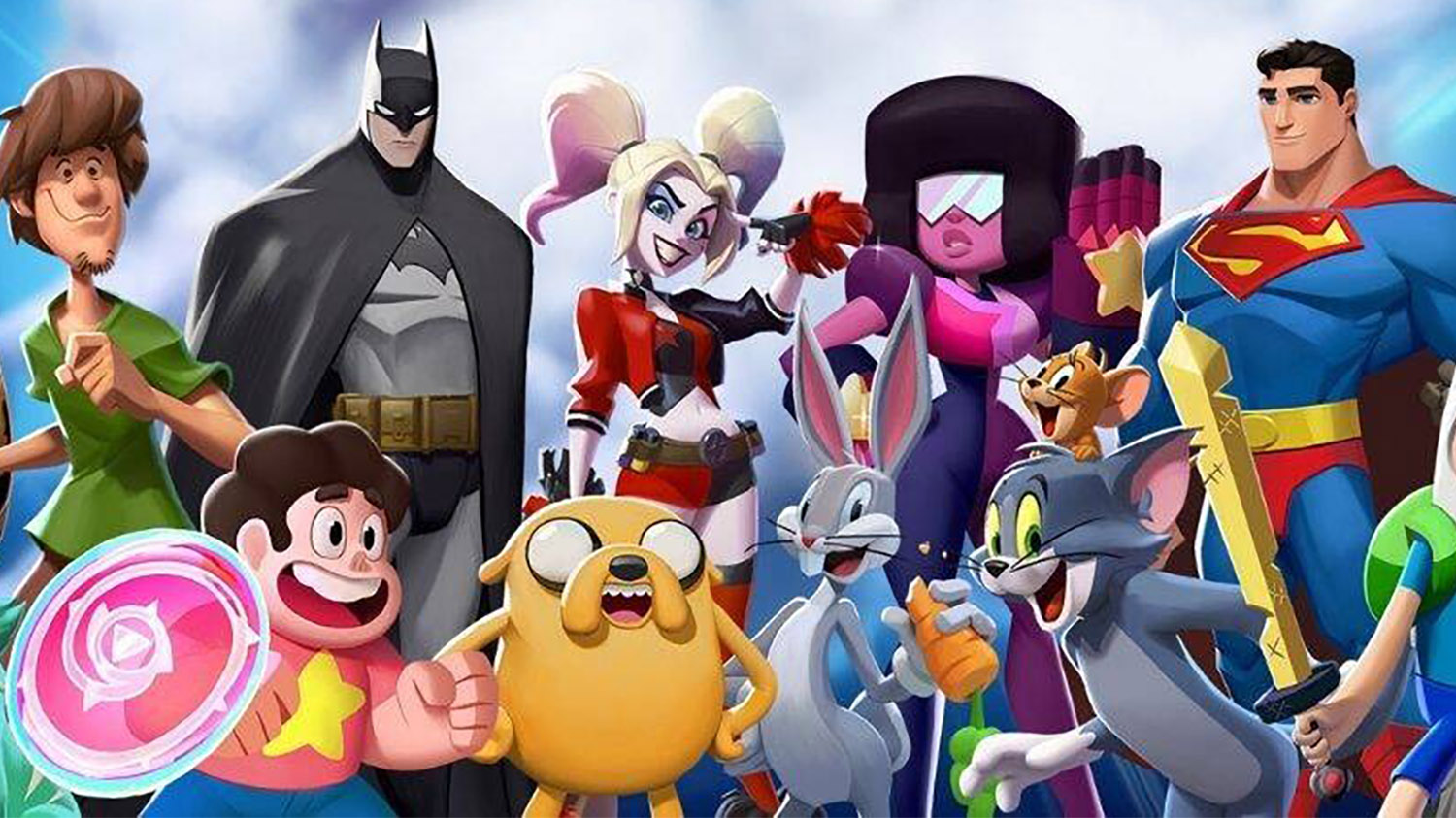 A large group of DC and Warner Bros characters stand together in MultiVersus.