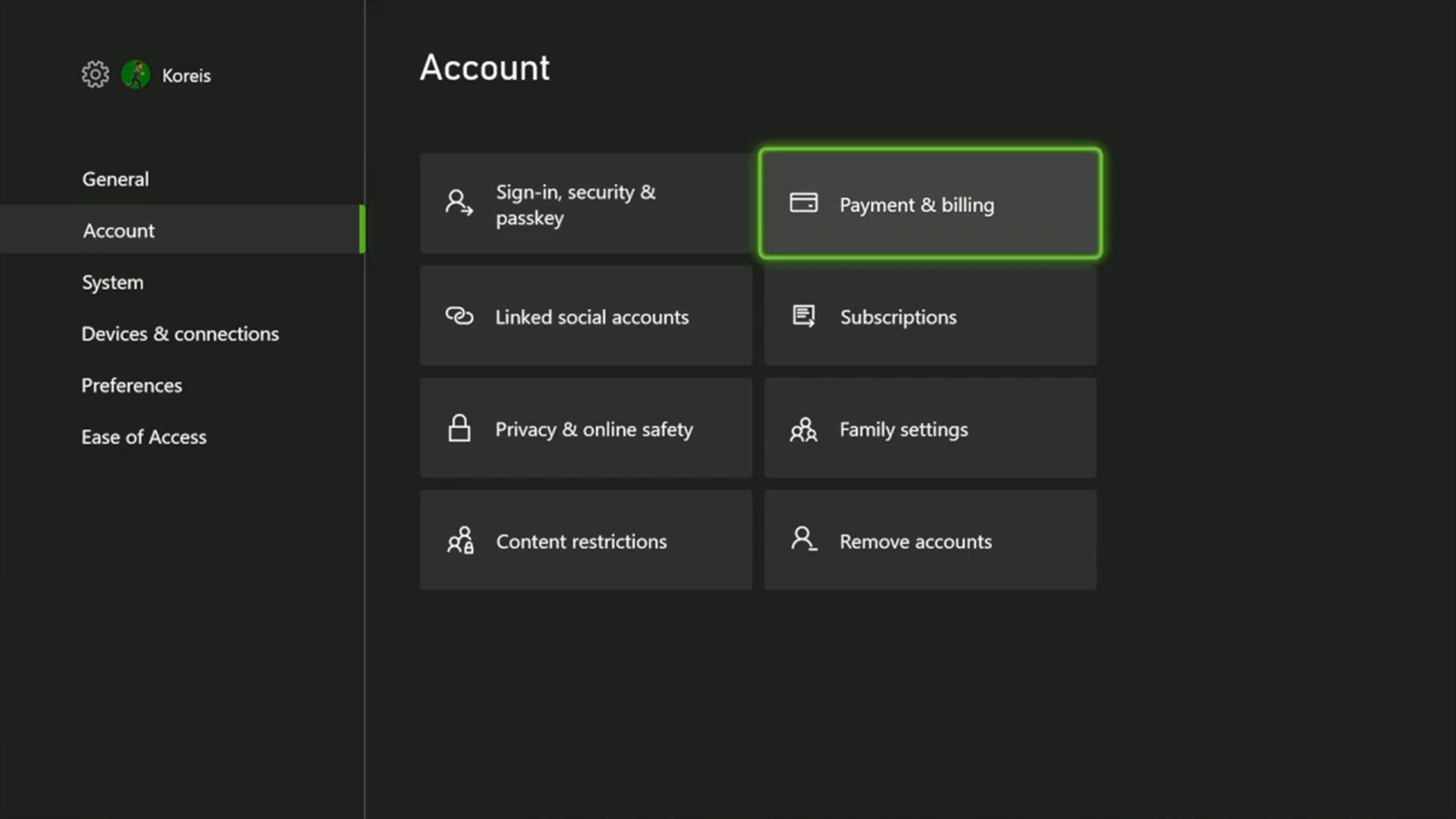 Payment and billing menu in Xbox
