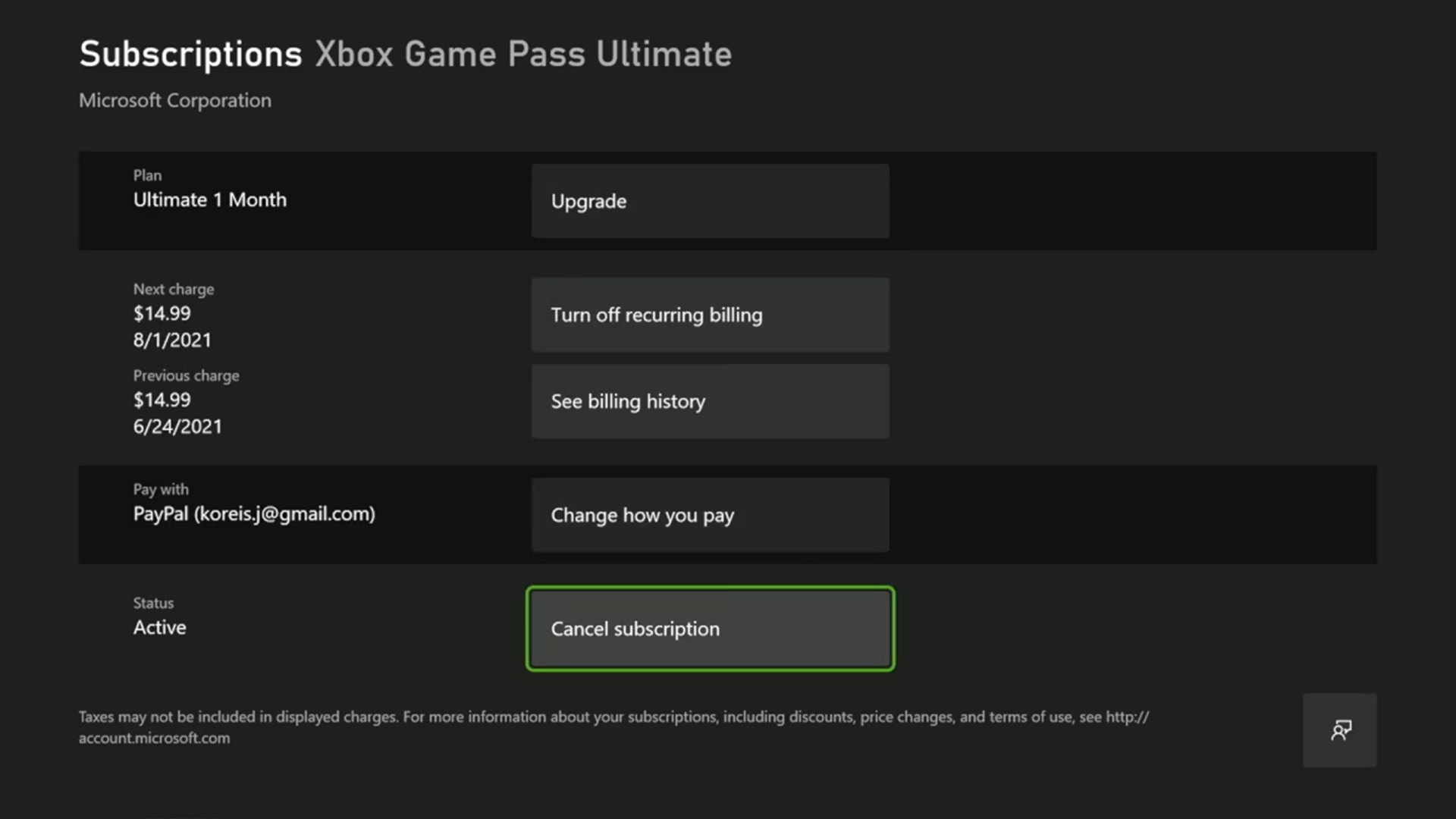 Cancel subscription option in Xbox menu