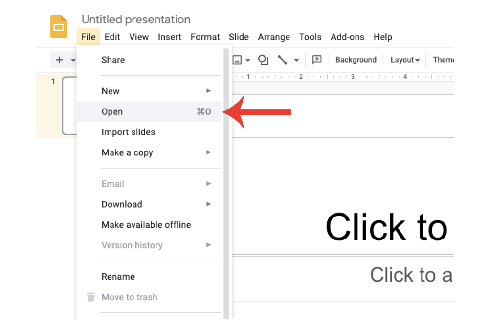 The Open button in Google Slides used for converting a PowerPoint file into a Google Slides format.