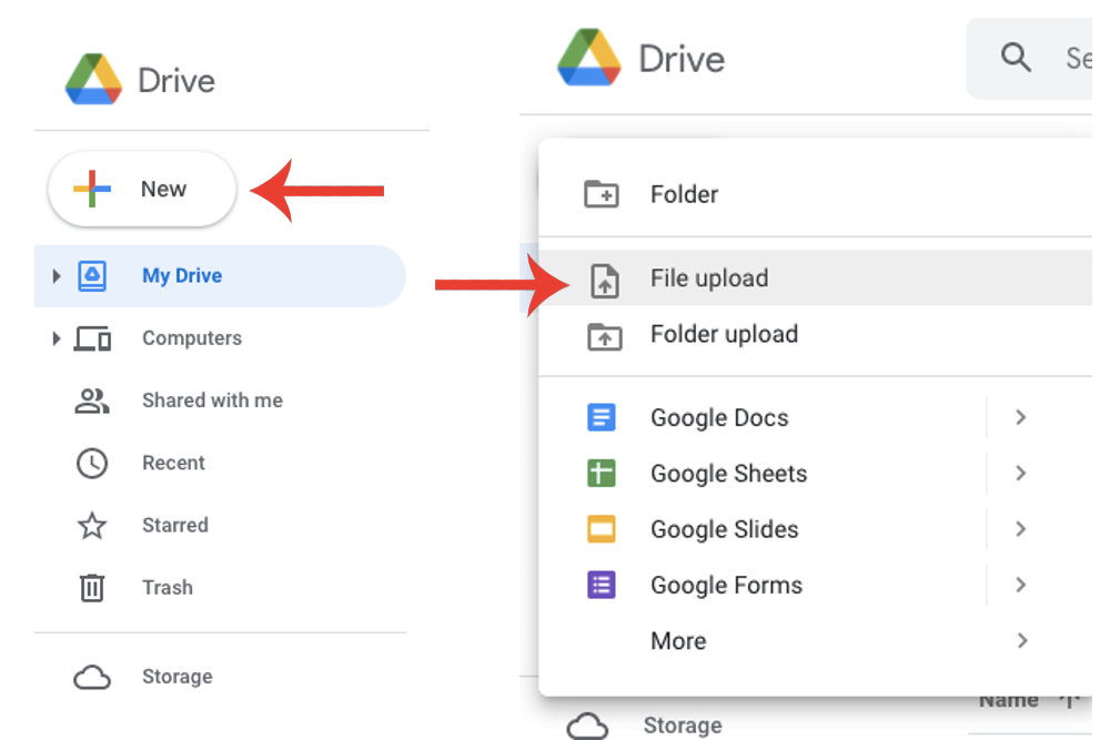 Adding a new file in Google Drive via the New and File Upload buttons.