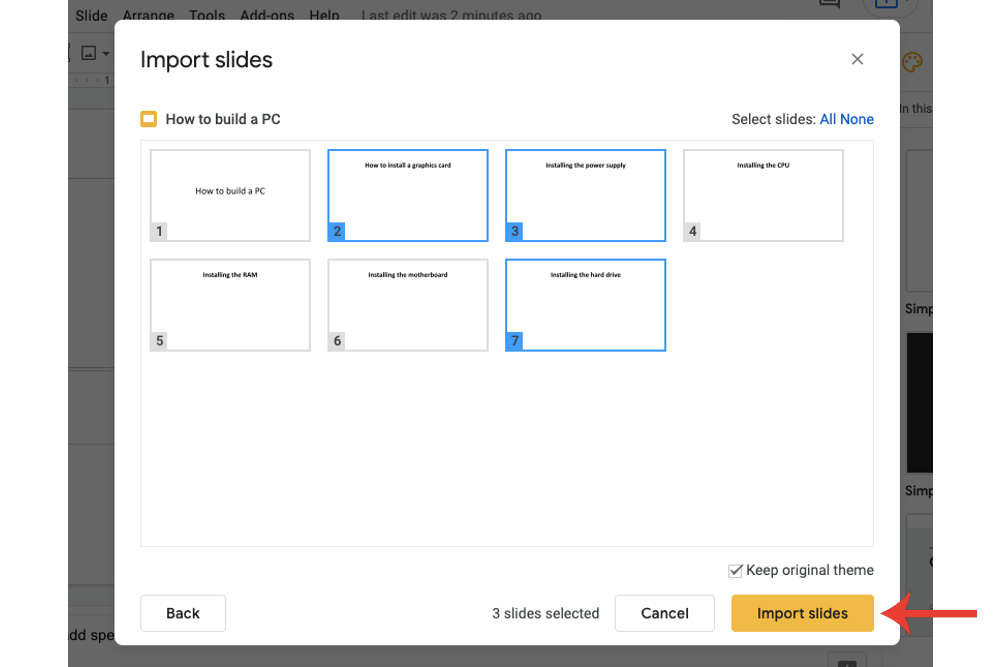 The area where you can select specific slides from a PowerPoint file to import into Google Slides.