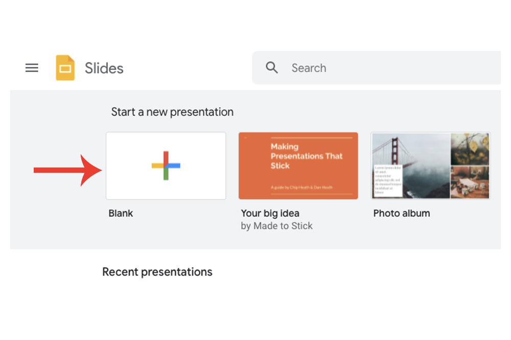 The area to start a new presentation in Google Slides.