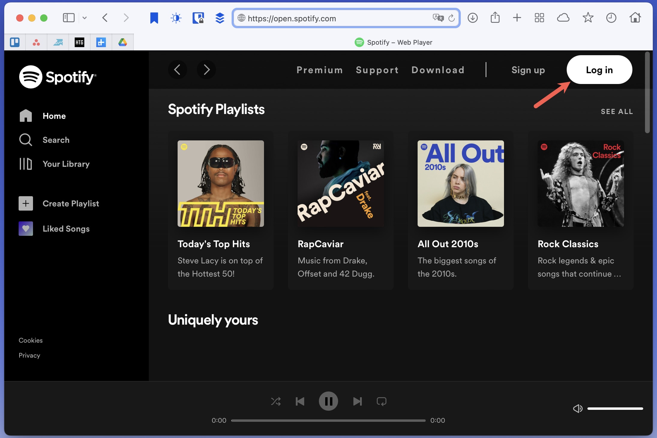 Spotify web player log in screen.