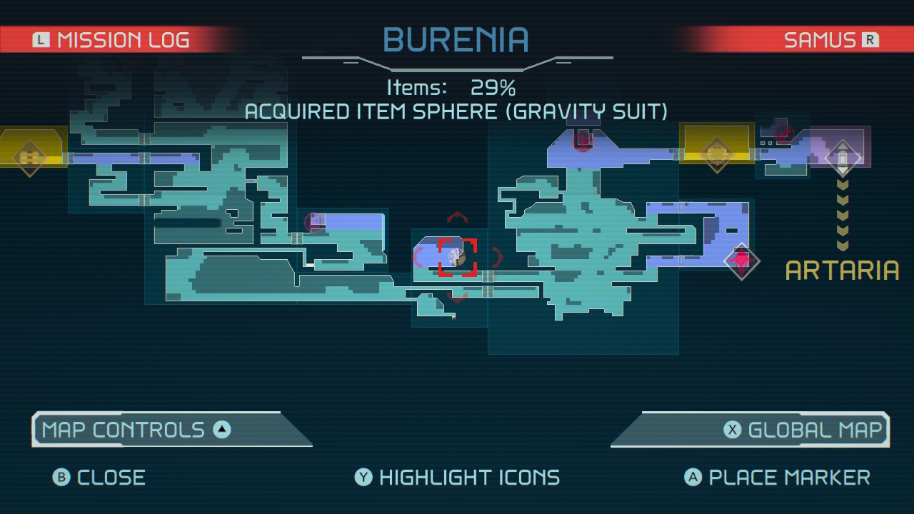Map of Gravity Suit location in Metroid Dread