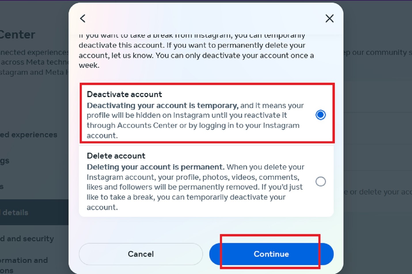 Selecting the Deactivate account option.