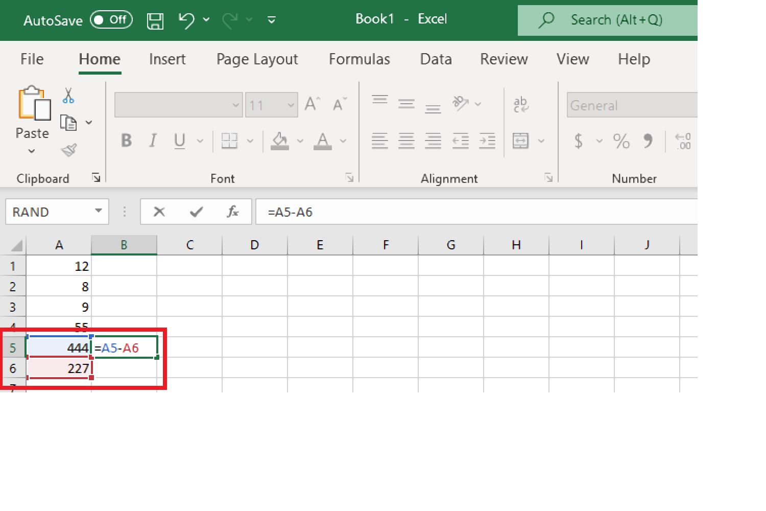 Subtracting two numbers in different cells in Excel using cell references and a formula.