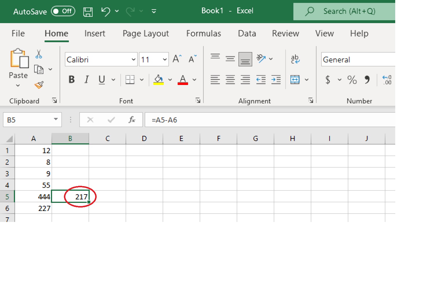 The answer that appears after using cell references and a formula to subtract two numbers in different cells in Excel.