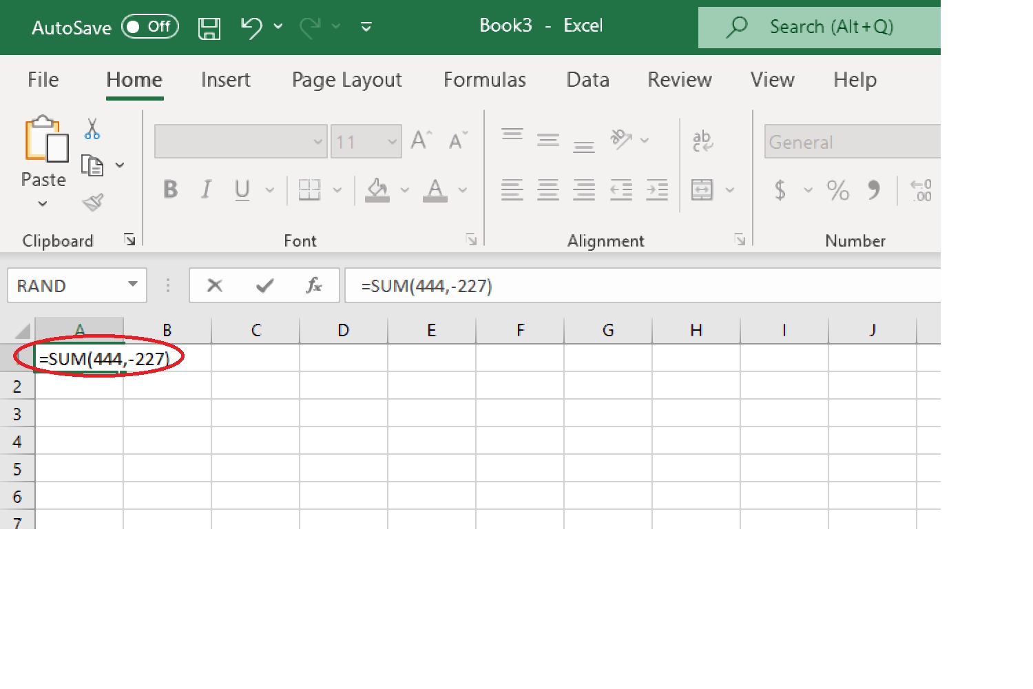 Using the SUM function to subtract two numbers in Excel.