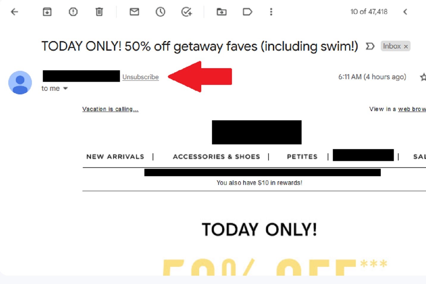 Gmail unsubscribe button in a promotional email.