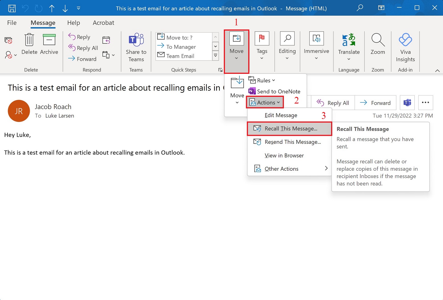 Recalling a message option in Outlook with expanded toolbar.