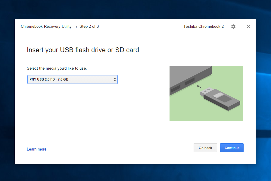 Chromebook Recovery Utility screen prompting you to insert a USB flash drive or SD card.
