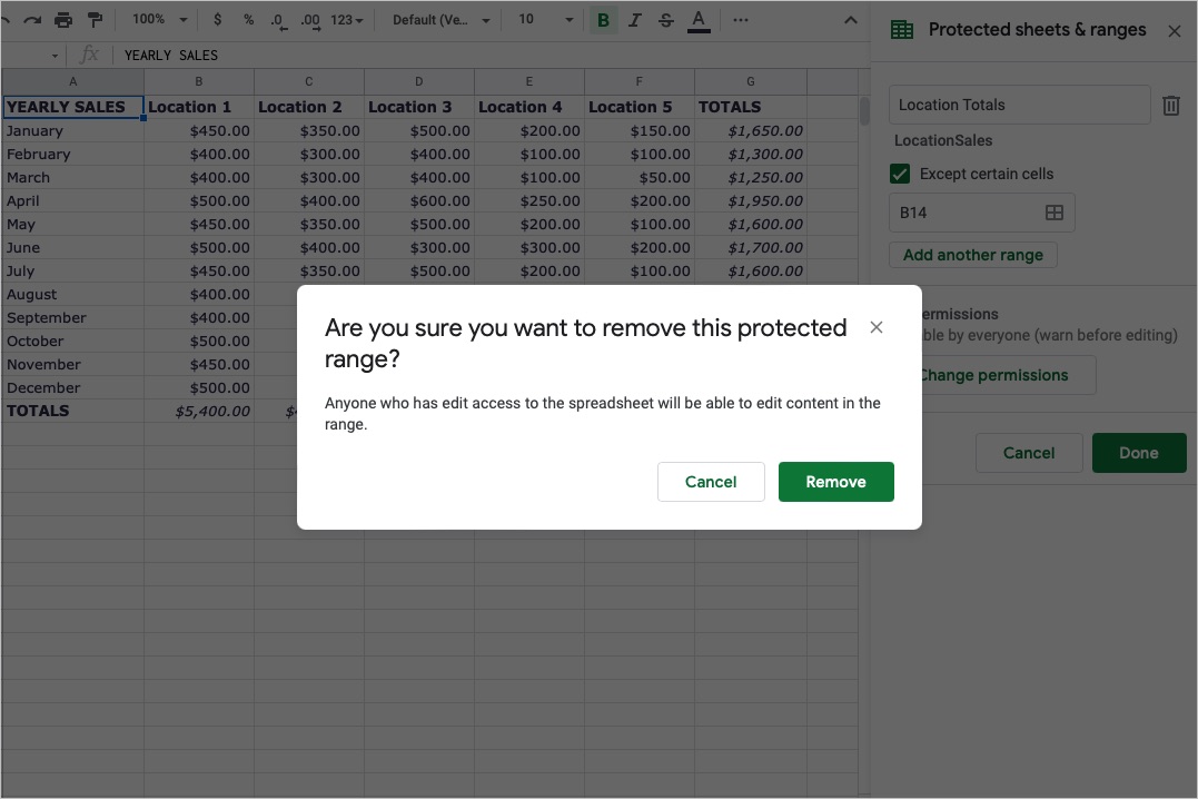 Confirm screen for removing protection in Google Sheets.