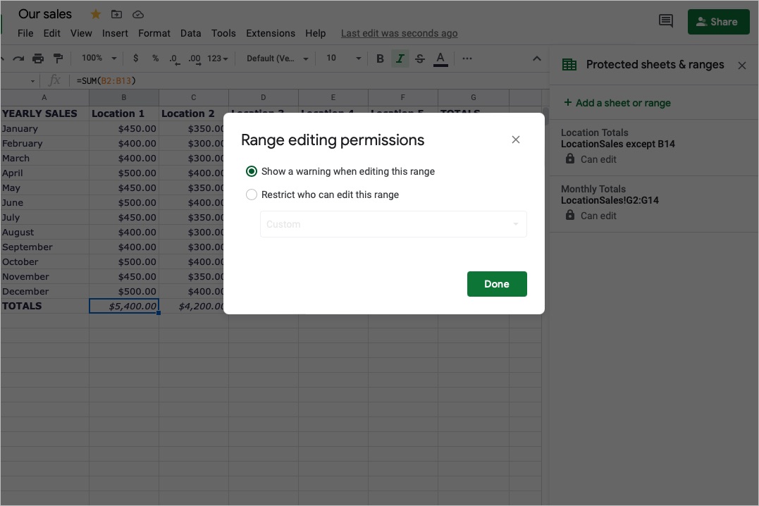 Permissions for protecting locked cells in Google Sheets.