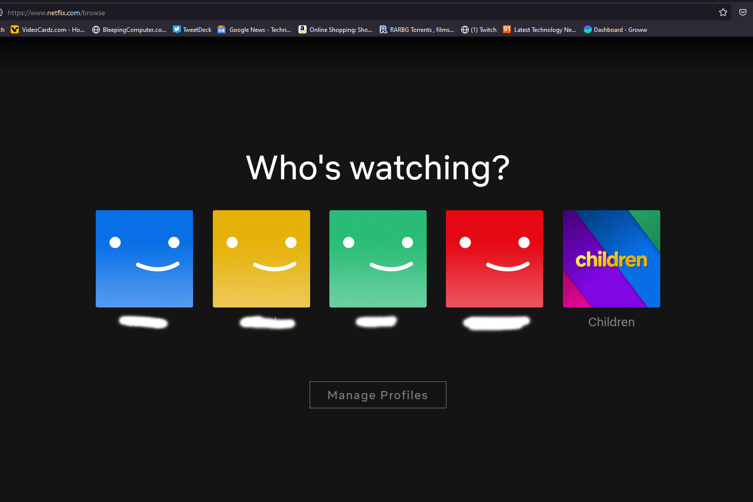Screenshot of Netflix profiles page on web browser.