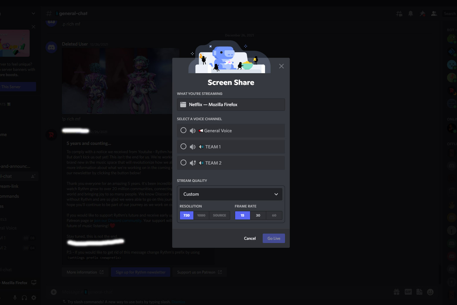 Screenshot of Discord with streaming settings menu.