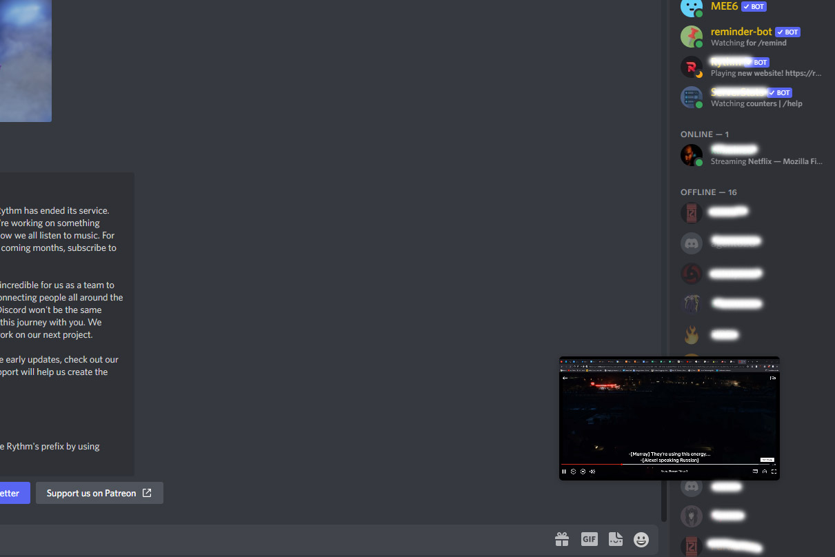 Screenshot of Discord with a streaming window overlay.