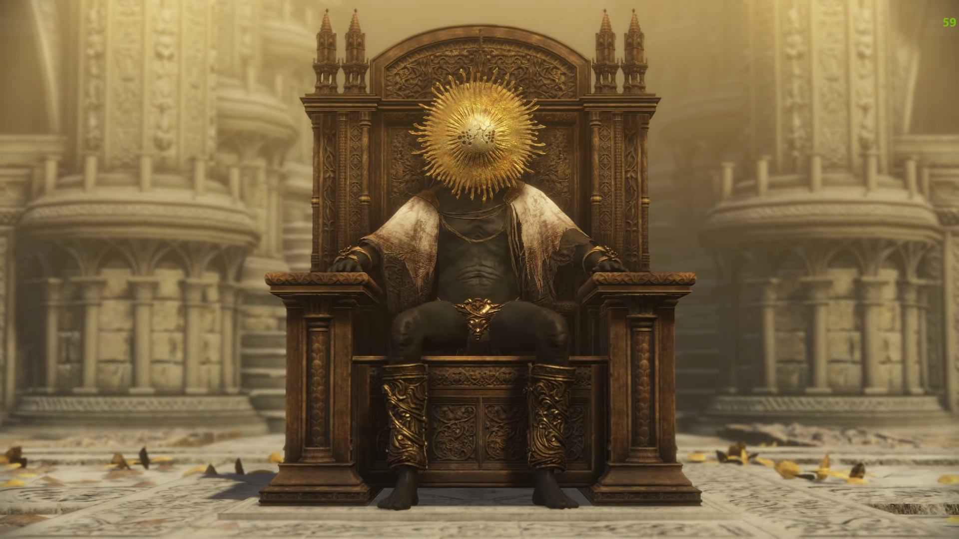 A guy with a sun mask on a throne.