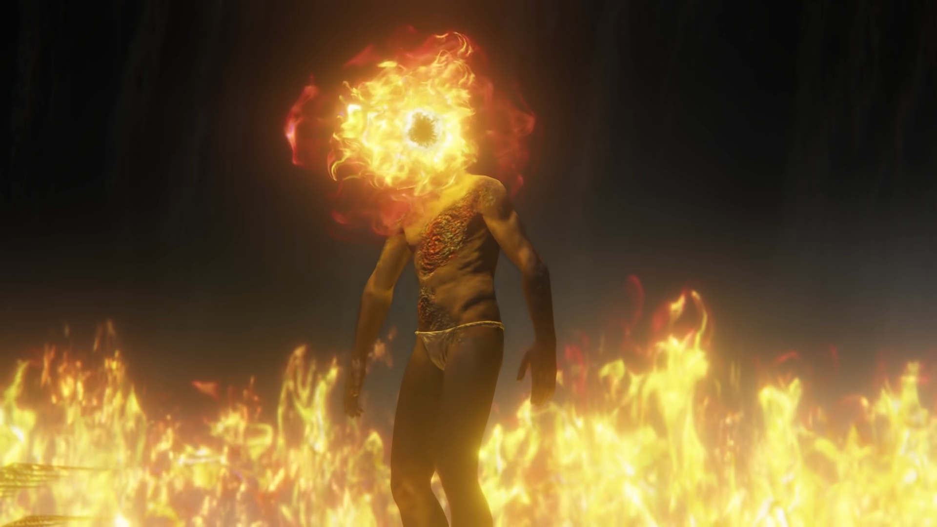 A person with a fireball for a head.