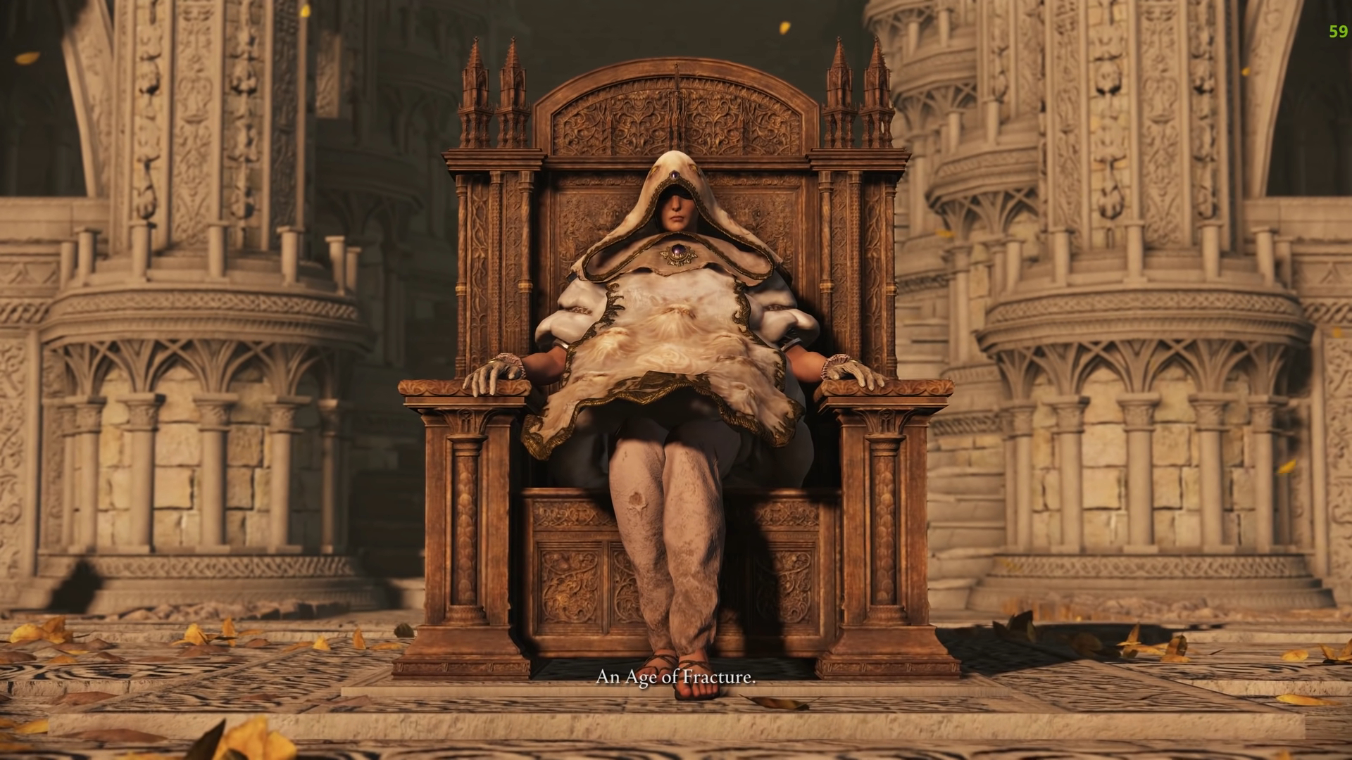 A person sitting on a throne in a big coat.