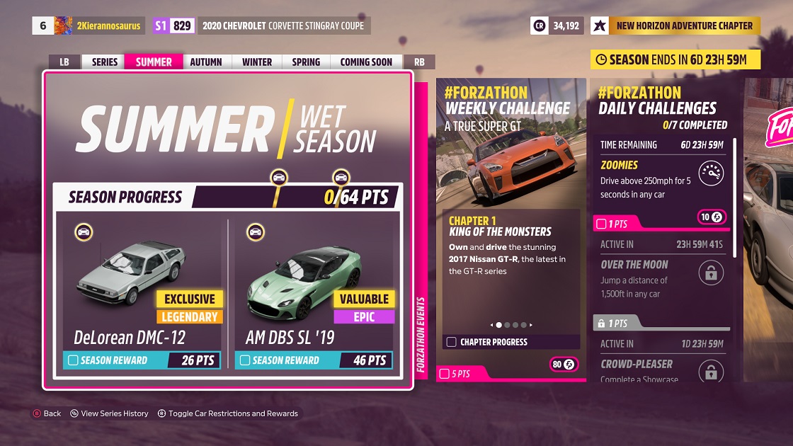 Forza Horizon 5 menu with season activities.