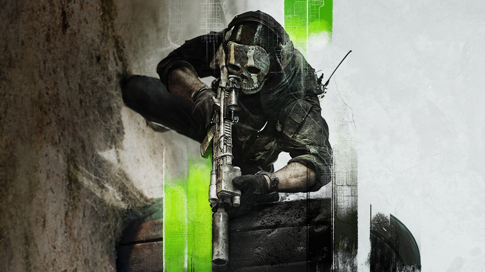 Simon "Ghost" Riley holding a weapon and aiming for Modern Warfare II promo art.