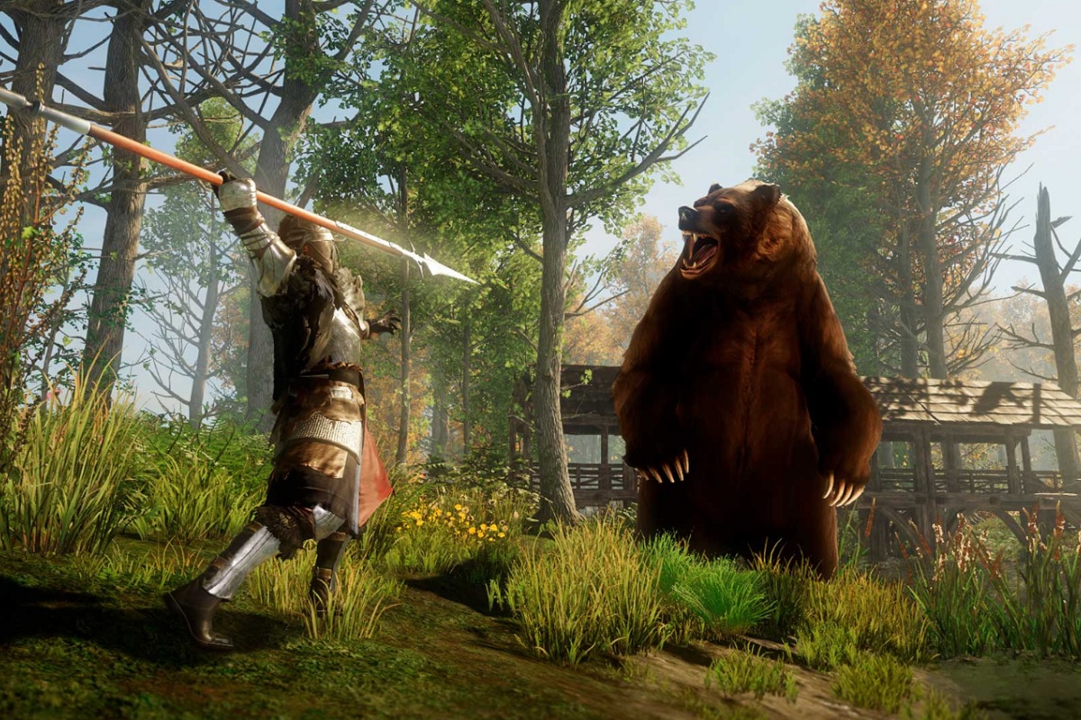 A New World player fighting a bear.