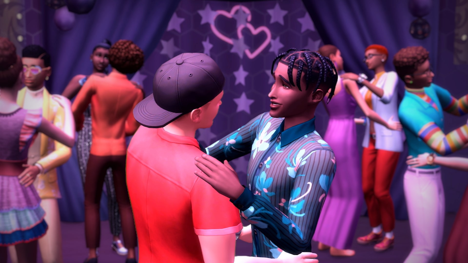 Two Sims dance at prom in The Sims 4: High School Years.