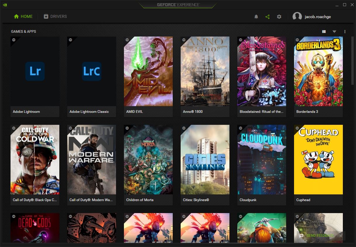 The games page in Nvidia GeForce Experience.