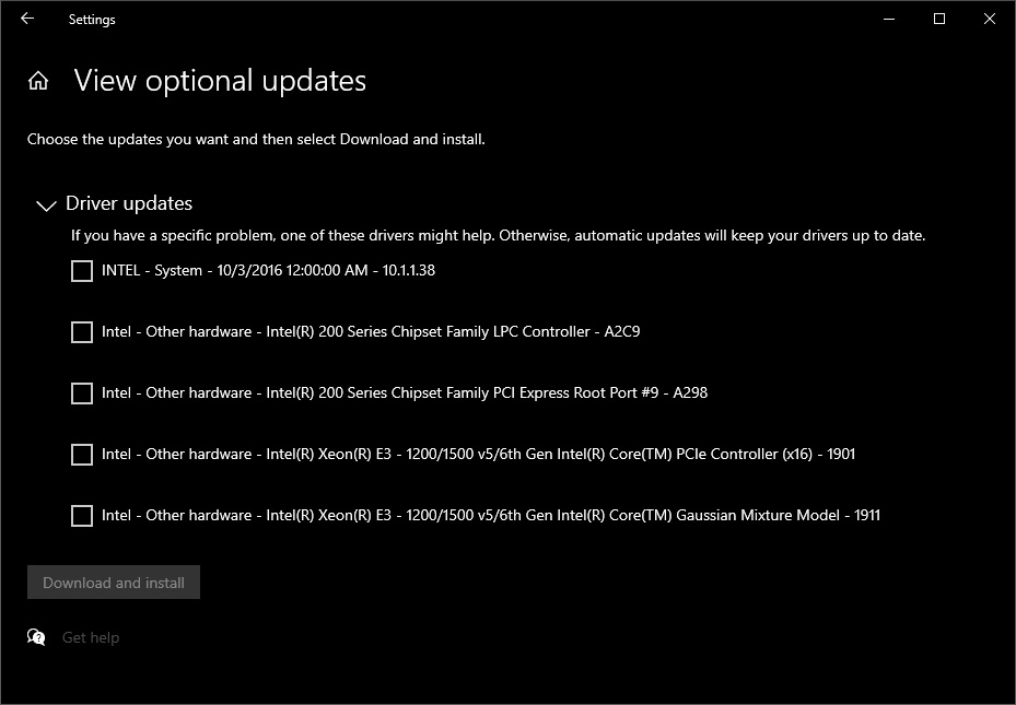 Screenshot of Windows 10 driver updates.