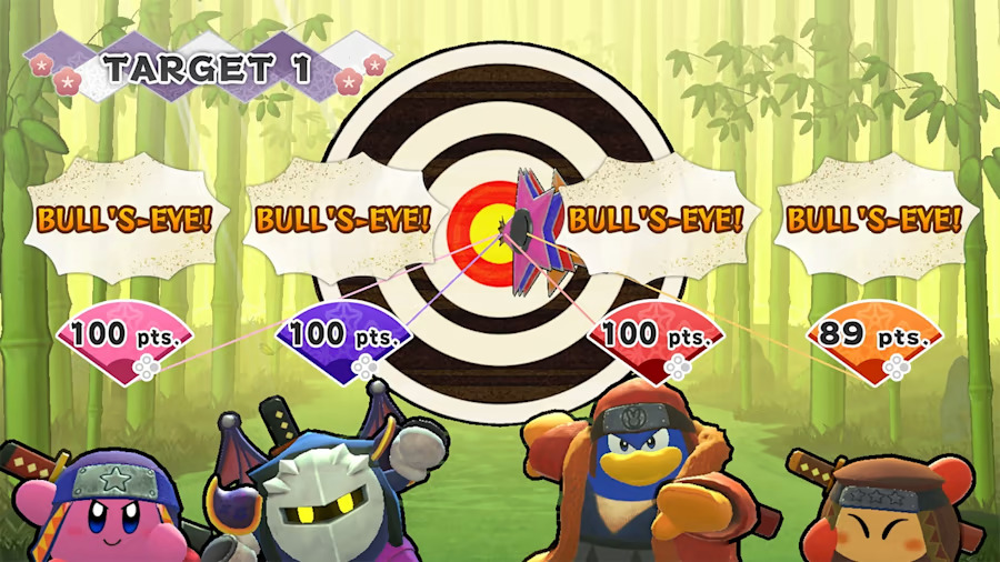 Kirby characters compete in a darts minigame in Kirby's Return to Dream Land Deluxe.
