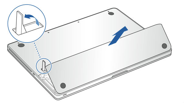 Diagram showing how to open the battery compartment of a MacBook Pro.