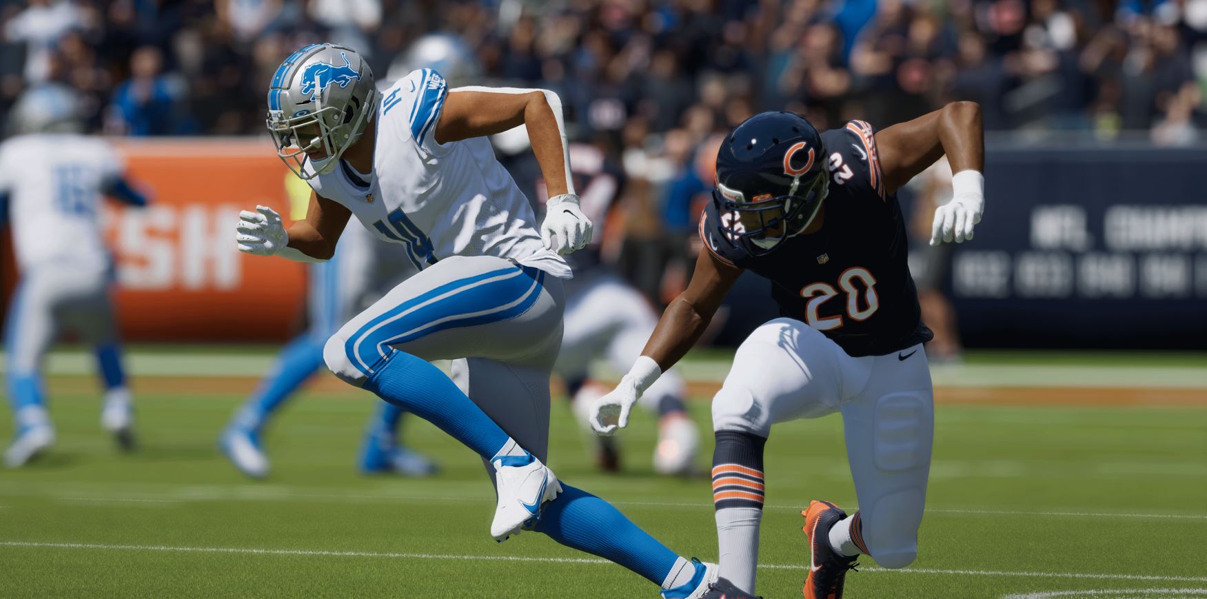 A Bears player prepares to tackle a Lions player.