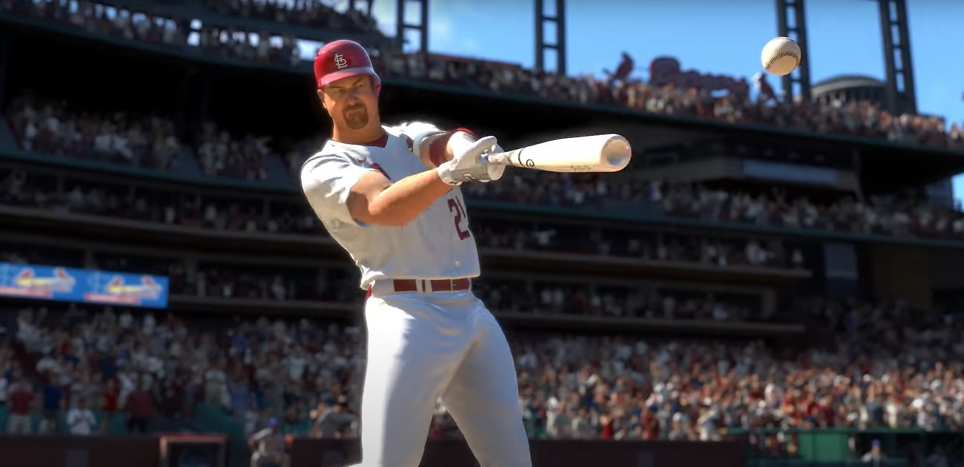 Mark McGwire hits a baseball with a bat in MLB The Show 23.